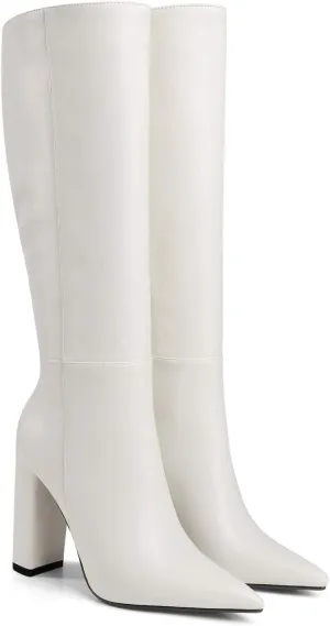 LEHOOR Women Knee High Chunky Heel Boots Pointed Closed Toe Side Zipper High Heeled Dress Shoes Sexy Trendy for Ladies 4-11 M US