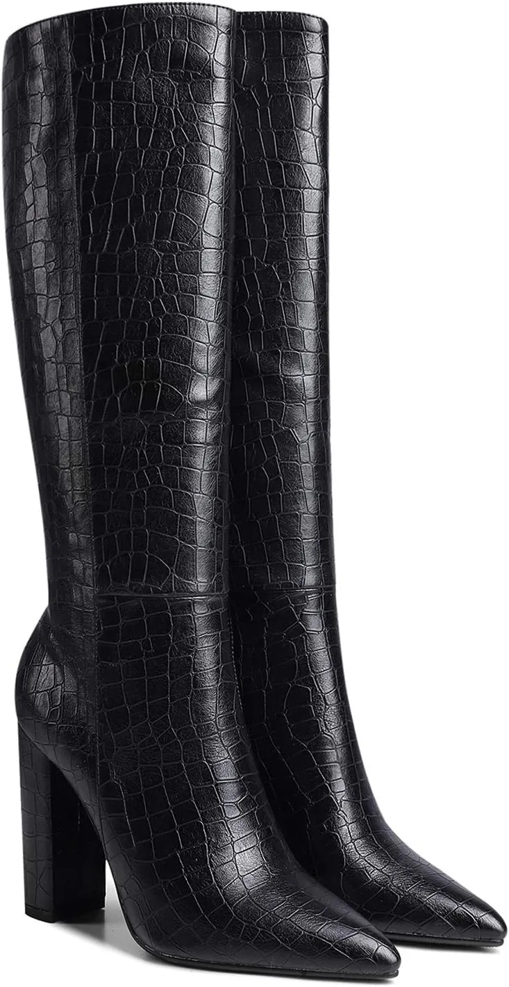 LEHOOR Women Knee High Chunky Heel Boots Pointed Closed Toe Side Zipper High Heeled Dress Shoes Sexy Trendy for Ladies 4-11 M US
