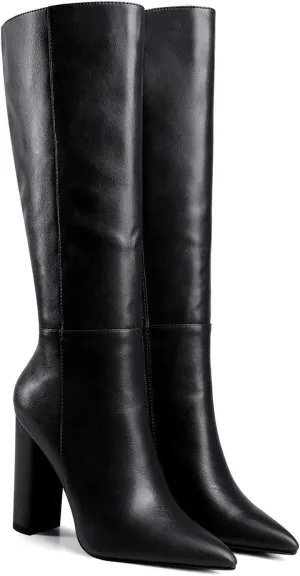 LEHOOR Women Knee High Chunky Heel Boots Pointed Closed Toe Side Zipper High Heeled Dress Shoes Sexy Trendy for Ladies 4-11 M US