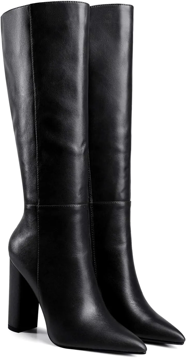 LEHOOR Women Knee High Chunky Heel Boots Pointed Closed Toe Side Zipper High Heeled Dress Shoes Sexy Trendy for Ladies 4-11 M US