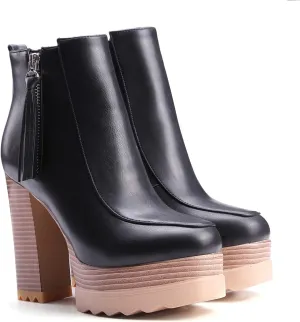 LEHOOR Women Platform Booties Chunky Block Heel Round Toe Ankle Boots With Side Zipper Fringe 4 inch Stacked Heel Lug Sole Short Boots Winter Warm for Ladies Fashion Wedding Booties 4-11 M US