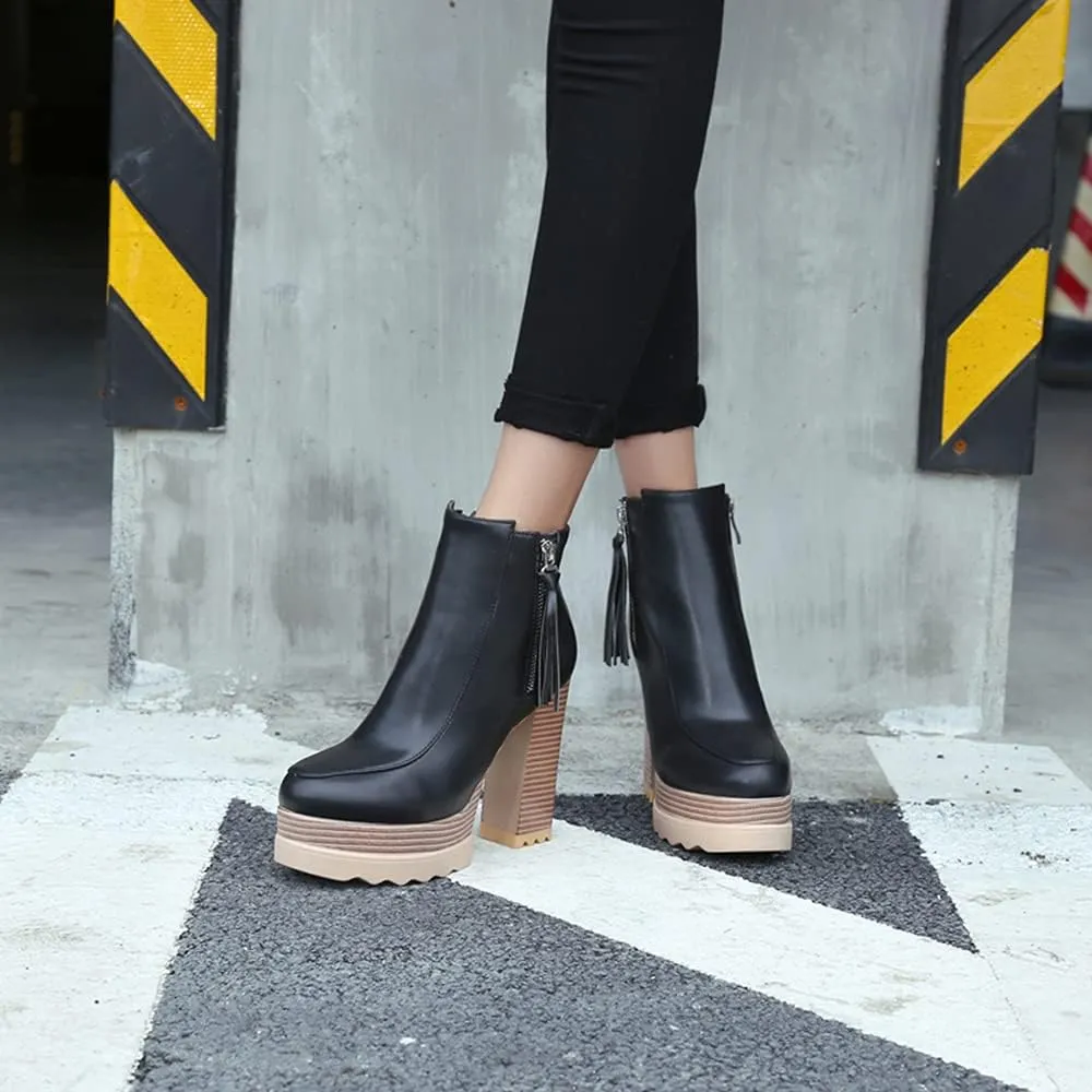 LEHOOR Women Platform Booties Chunky Block Heel Round Toe Ankle Boots With Side Zipper Fringe 4 inch Stacked Heel Lug Sole Short Boots Winter Warm for Ladies Fashion Wedding Booties 4-11 M US