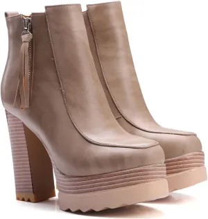 LEHOOR Women Platform Booties Chunky Block Heel Round Toe Ankle Boots With Side Zipper Fringe 4 inch Stacked Heel Lug Sole Short Boots Winter Warm for Ladies Fashion Wedding Booties 4-11 M US