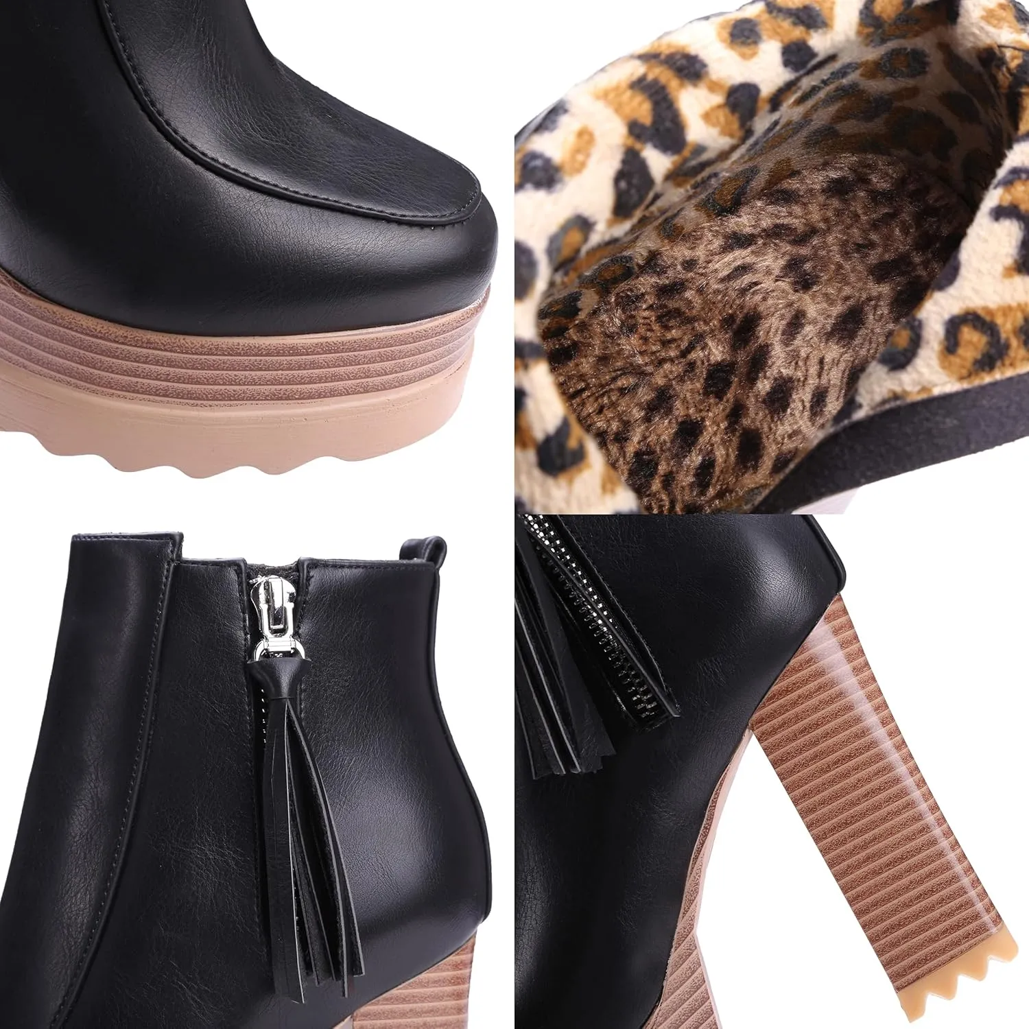 LEHOOR Women Platform Booties Chunky Block Heel Round Toe Ankle Boots With Side Zipper Fringe 4 inch Stacked Heel Lug Sole Short Boots Winter Warm for Ladies Fashion Wedding Booties 4-11 M US