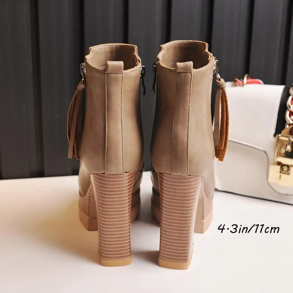 LEHOOR Women Platform Booties Chunky Block Heel Round Toe Ankle Boots With Side Zipper Fringe 4 inch Stacked Heel Lug Sole Short Boots Winter Warm for Ladies Fashion Wedding Booties 4-11 M US