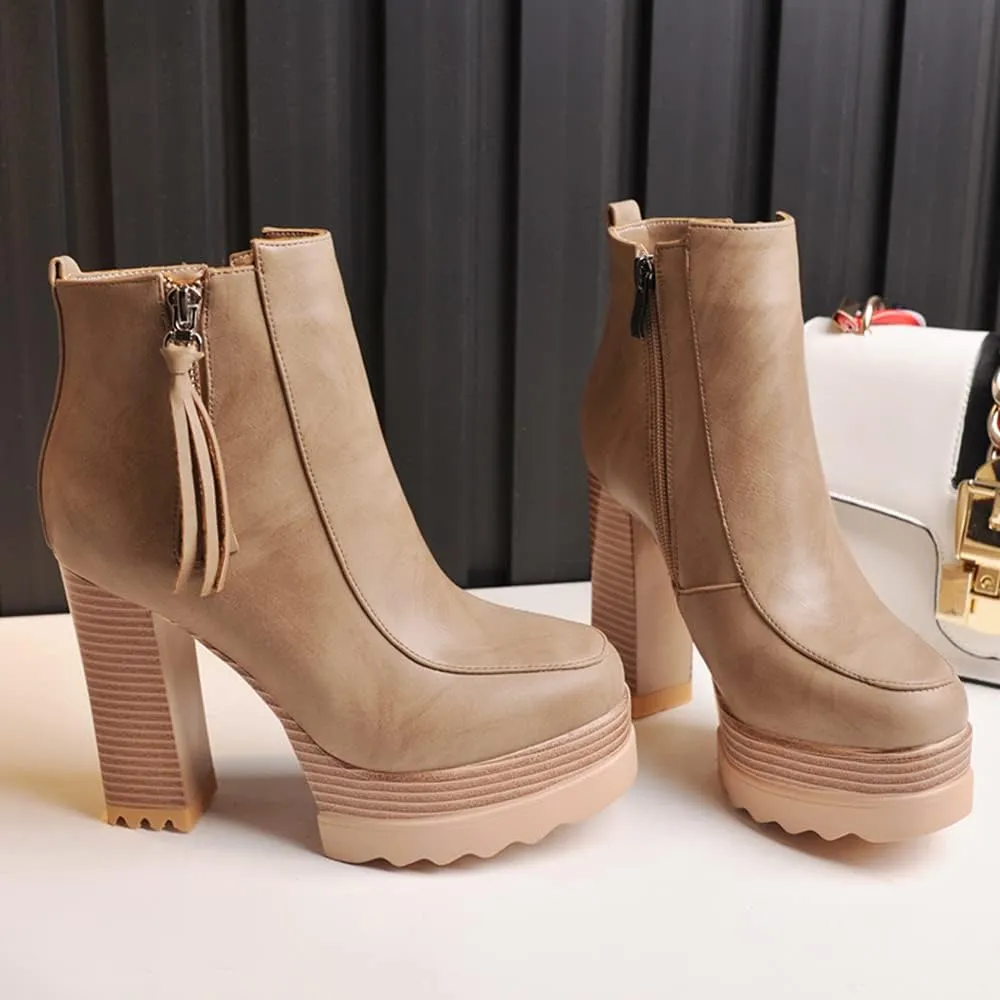 LEHOOR Women Platform Booties Chunky Block Heel Round Toe Ankle Boots With Side Zipper Fringe 4 inch Stacked Heel Lug Sole Short Boots Winter Warm for Ladies Fashion Wedding Booties 4-11 M US