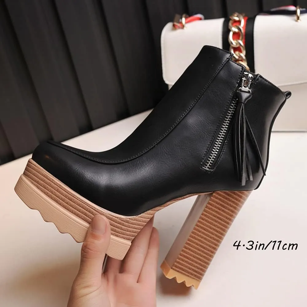 LEHOOR Women Platform Booties Chunky Block Heel Round Toe Ankle Boots With Side Zipper Fringe 4 inch Stacked Heel Lug Sole Short Boots Winter Warm for Ladies Fashion Wedding Booties 4-11 M US