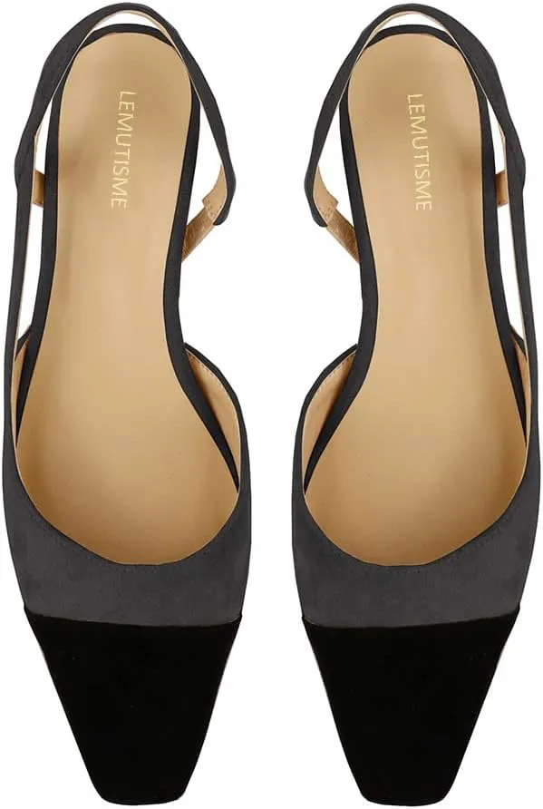 LEMUTISME Women's Elegant Cap Toe Two-Tone Chunky Heel Slingback Sandals Square Toe Suede Strappy Mid Block Heel Dress Pumps