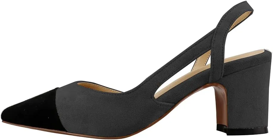 LEMUTISME Women's Elegant Cap Toe Two-Tone Chunky Heel Slingback Sandals Square Toe Suede Strappy Mid Block Heel Dress Pumps