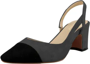 LEMUTISME Women's Elegant Cap Toe Two-Tone Chunky Heel Slingback Sandals Square Toe Suede Strappy Mid Block Heel Dress Pumps
