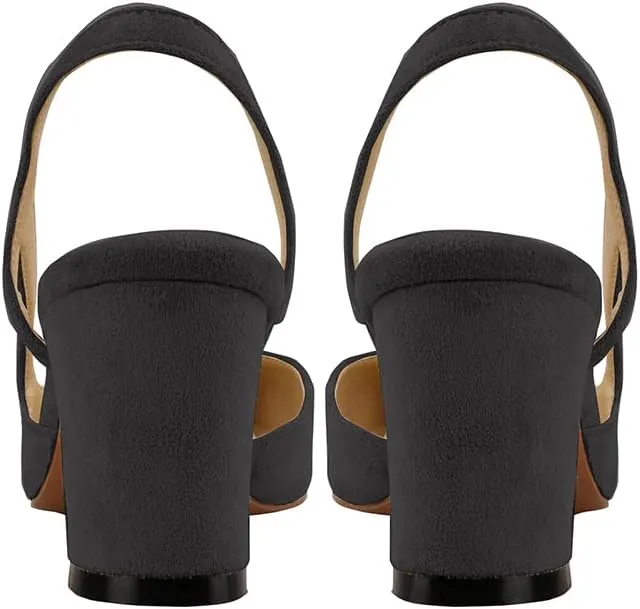 LEMUTISME Women's Elegant Cap Toe Two-Tone Chunky Heel Slingback Sandals Square Toe Suede Strappy Mid Block Heel Dress Pumps