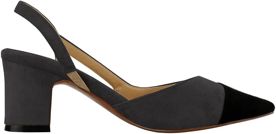 LEMUTISME Women's Elegant Cap Toe Two-Tone Chunky Heel Slingback Sandals Square Toe Suede Strappy Mid Block Heel Dress Pumps