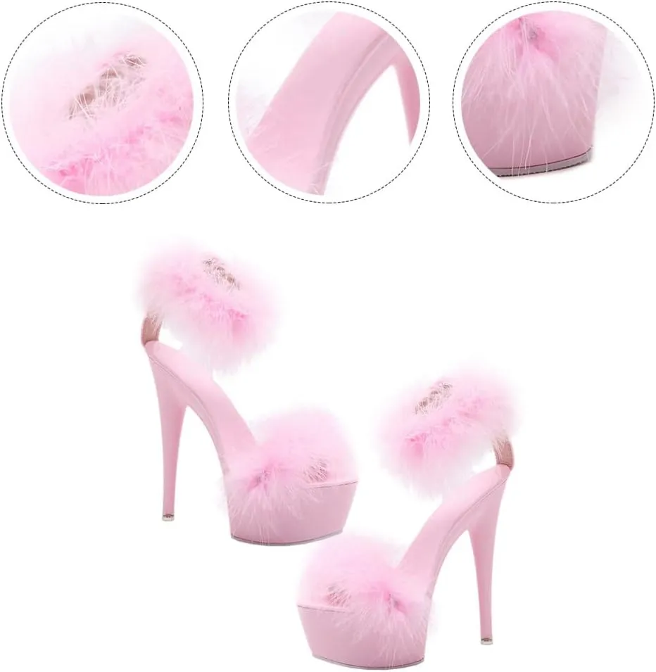 LIFKOME Super High Heel Fur Sandals: Women's Fashionable Clear Heels with Ankle Strap for Casual, Party Occasions