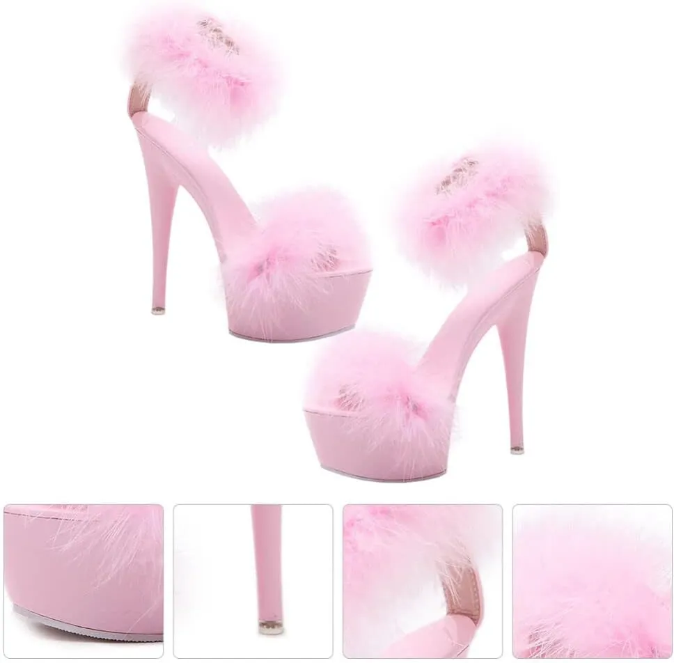 LIFKOME Super High Heel Fur Sandals: Women's Fashionable Clear Heels with Ankle Strap for Casual, Party Occasions