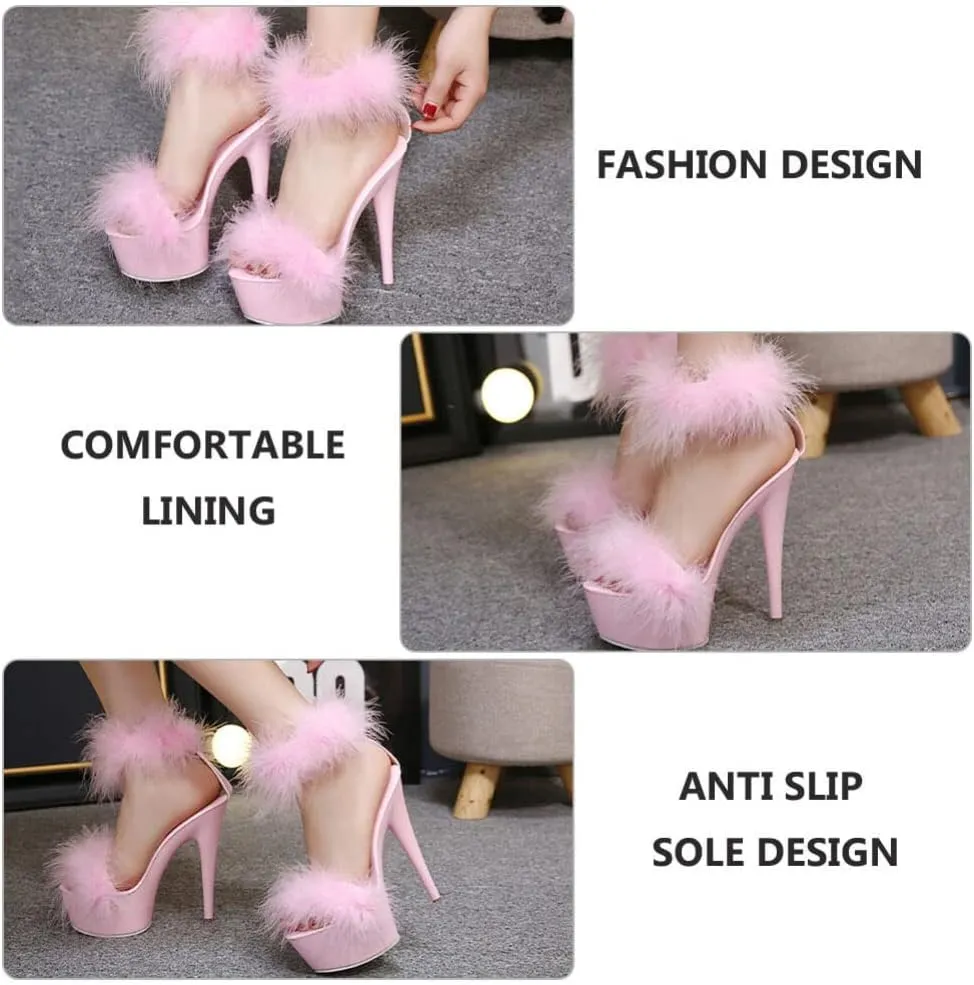 LIFKOME Super High Heel Fur Sandals: Women's Fashionable Clear Heels with Ankle Strap for Casual, Party Occasions