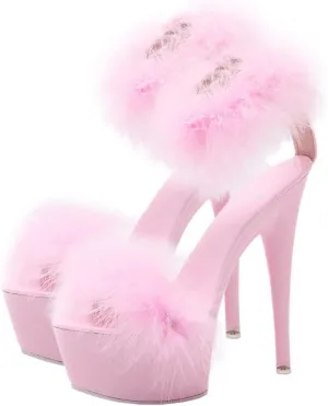 LIFKOME Super High Heel Fur Sandals: Women's Fashionable Clear Heels with Ankle Strap for Casual, Party Occasions