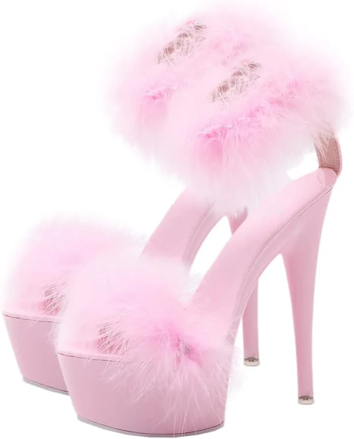 LIFKOME Super High Heel Fur Sandals: Women's Fashionable Clear Heels with Ankle Strap for Casual, Party Occasions