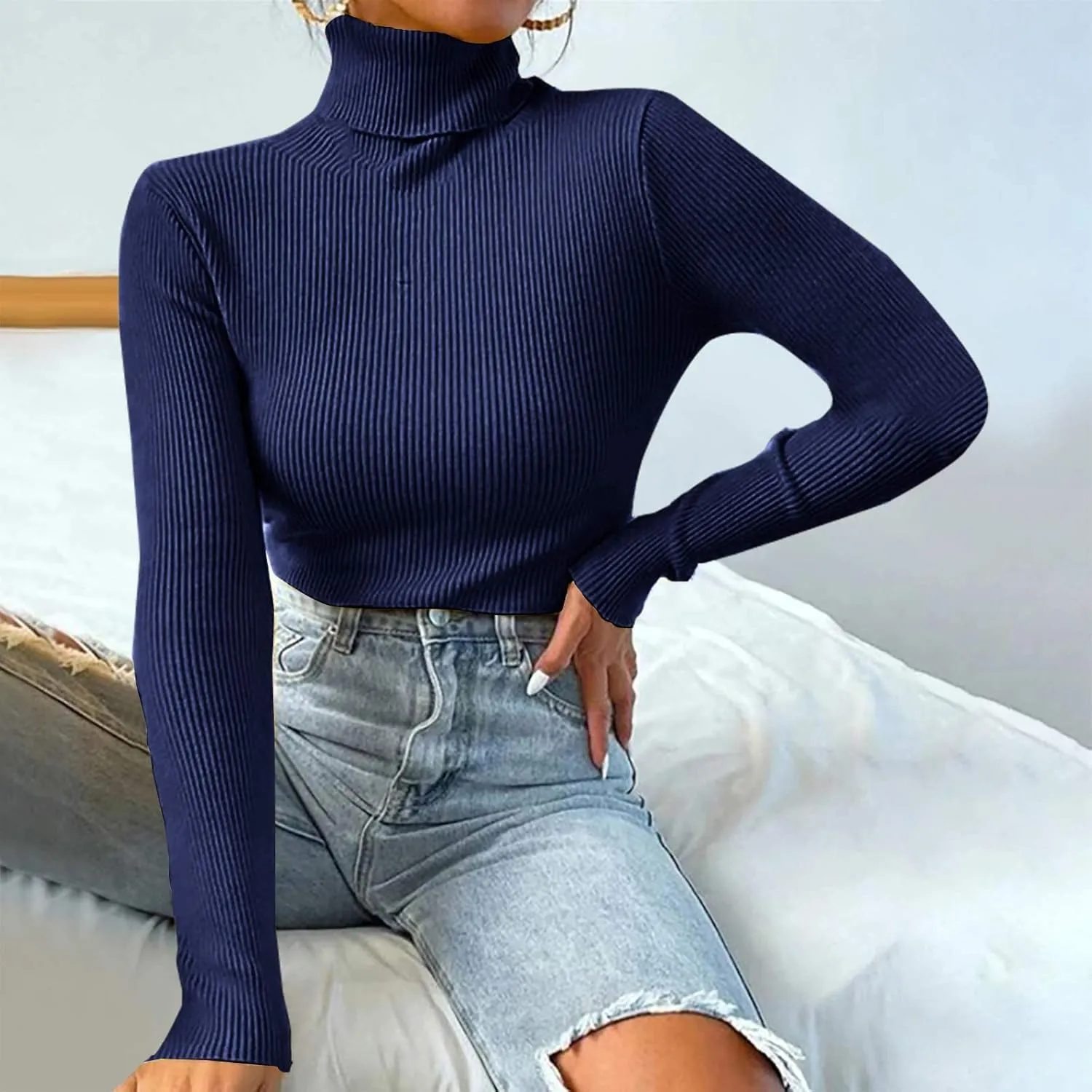 Lightweight Fitted Sweaters for Women Long Sleeve Turtleneck Ribbed Knit Pullover Sweater Casual Basic Tee Tops