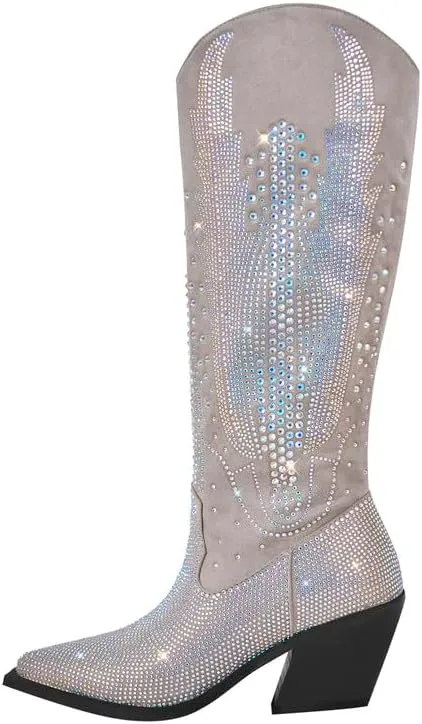 LISHAN Women's Bling bling Heel Knee High Boots Rhinestone Chunky Block Heel Pull on Shoes