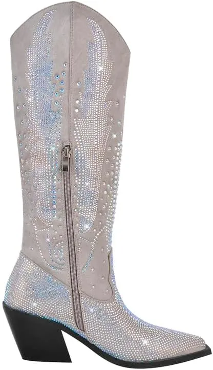 LISHAN Women's Bling bling Heel Knee High Boots Rhinestone Chunky Block Heel Pull on Shoes