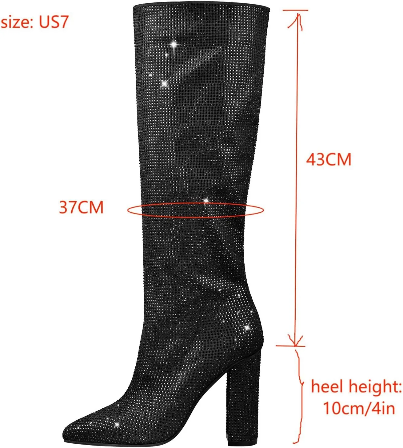 LISHAN Women's Bling bling Heel Knee High Boots Rhinestone Chunky Block Heel Pull on Shoes