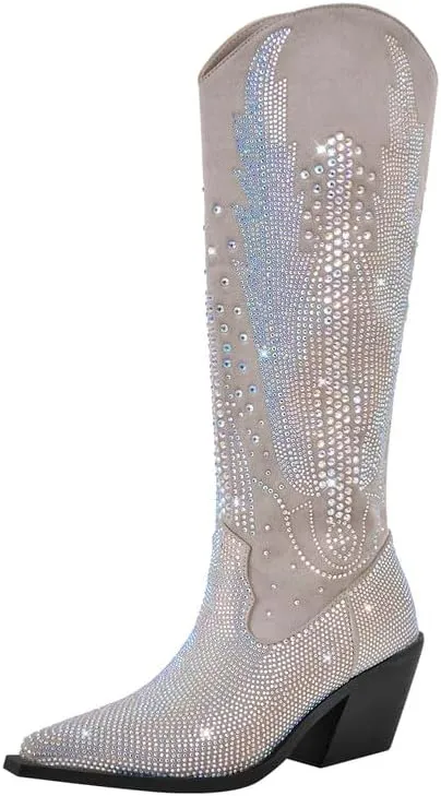 LISHAN Women's Bling bling Heel Knee High Boots Rhinestone Chunky Block Heel Pull on Shoes