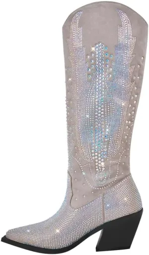 LISHAN Women's Bling bling Heel Knee High Boots Rhinestone Chunky Block Heel Pull on Shoes