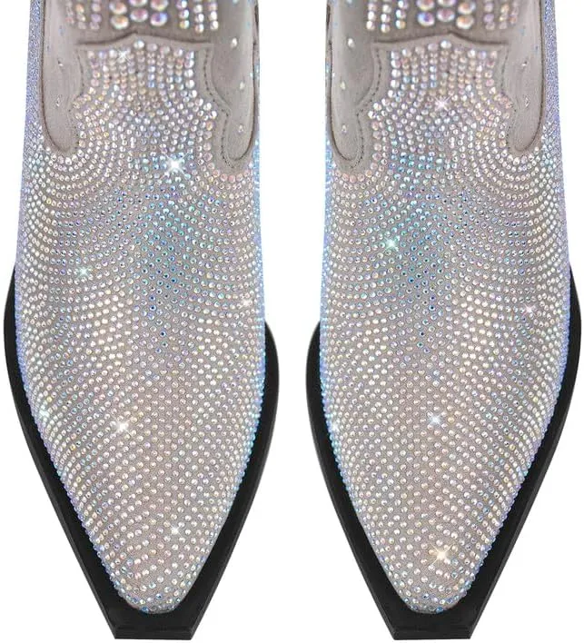 LISHAN Women's Bling bling Heel Knee High Boots Rhinestone Chunky Block Heel Pull on Shoes