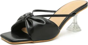 LIURUIJIA Women's Bow Strap Slip On Heeled Sandals Square Toe 2" Clear Heel Comfortable Heels Mules