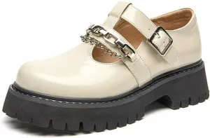 Loafers for Women Women’s Genuine Cow Leather Lolita Shoes with Round Toe, Strap, and Metal Chain Decoration Handmade Flats