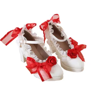 Lolita high Heels lace Bow high Heels Elegant Pointed Sandals Bold Heel Heel Height 6cm (4.5, Red)