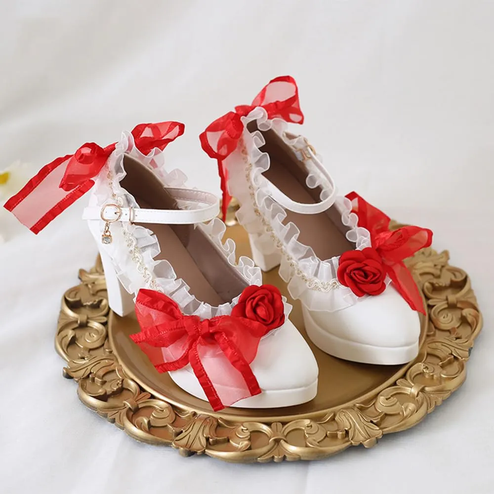 Lolita high Heels lace Bow high Heels Elegant Pointed Sandals Bold Heel Heel Height 6cm (4.5, Red)