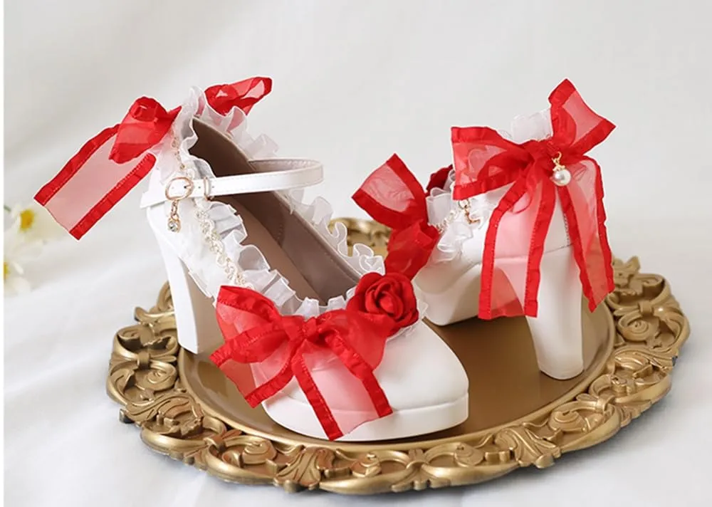 Lolita high Heels lace Bow high Heels Elegant Pointed Sandals Bold Heel Heel Height 6cm (4.5, Red)