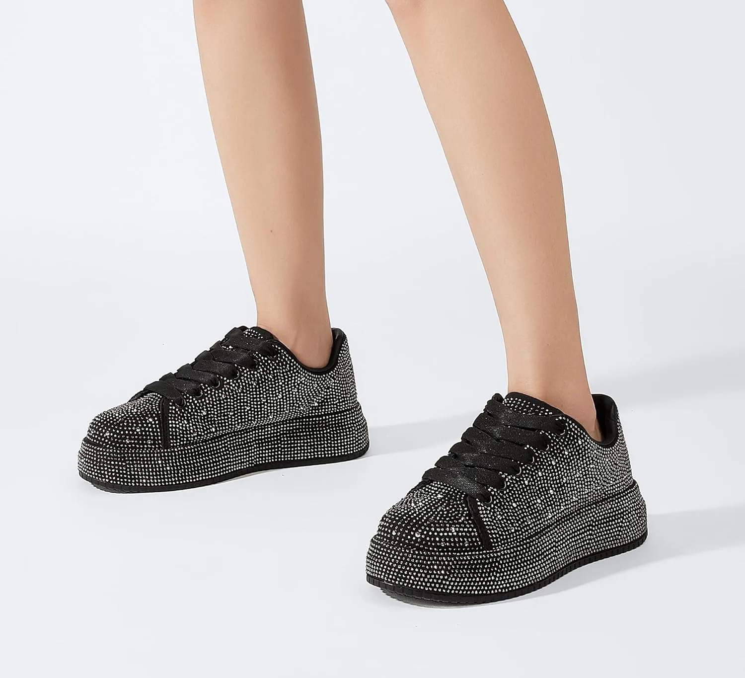 LUCKY STEP Rhinestone Sneakers for Women Platform Sparkly Glitter Bling Tennis Shoes Fashion Bedazzled Wedding Bridal Party Walking Sneakers