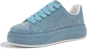 LUCKY STEP Rhinestone Sneakers for Women Platform Sparkly Glitter Bling Tennis Shoes Fashion Bedazzled Wedding Bridal Party Walking Sneakers