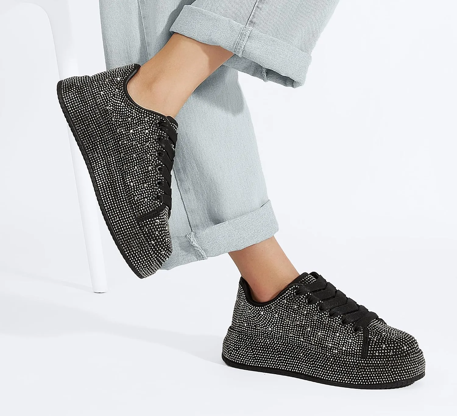 LUCKY STEP Rhinestone Sneakers for Women Platform Sparkly Glitter Bling Tennis Shoes Fashion Bedazzled Wedding Bridal Party Walking Sneakers