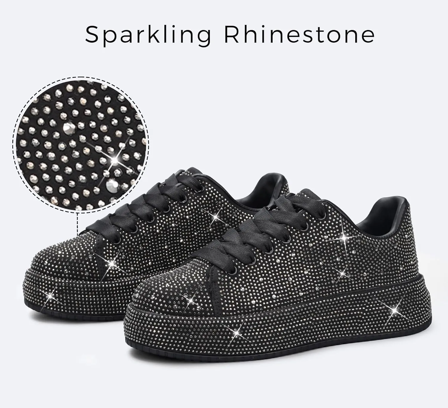 LUCKY STEP Rhinestone Sneakers for Women Platform Sparkly Glitter Bling Tennis Shoes Fashion Bedazzled Wedding Bridal Party Walking Sneakers