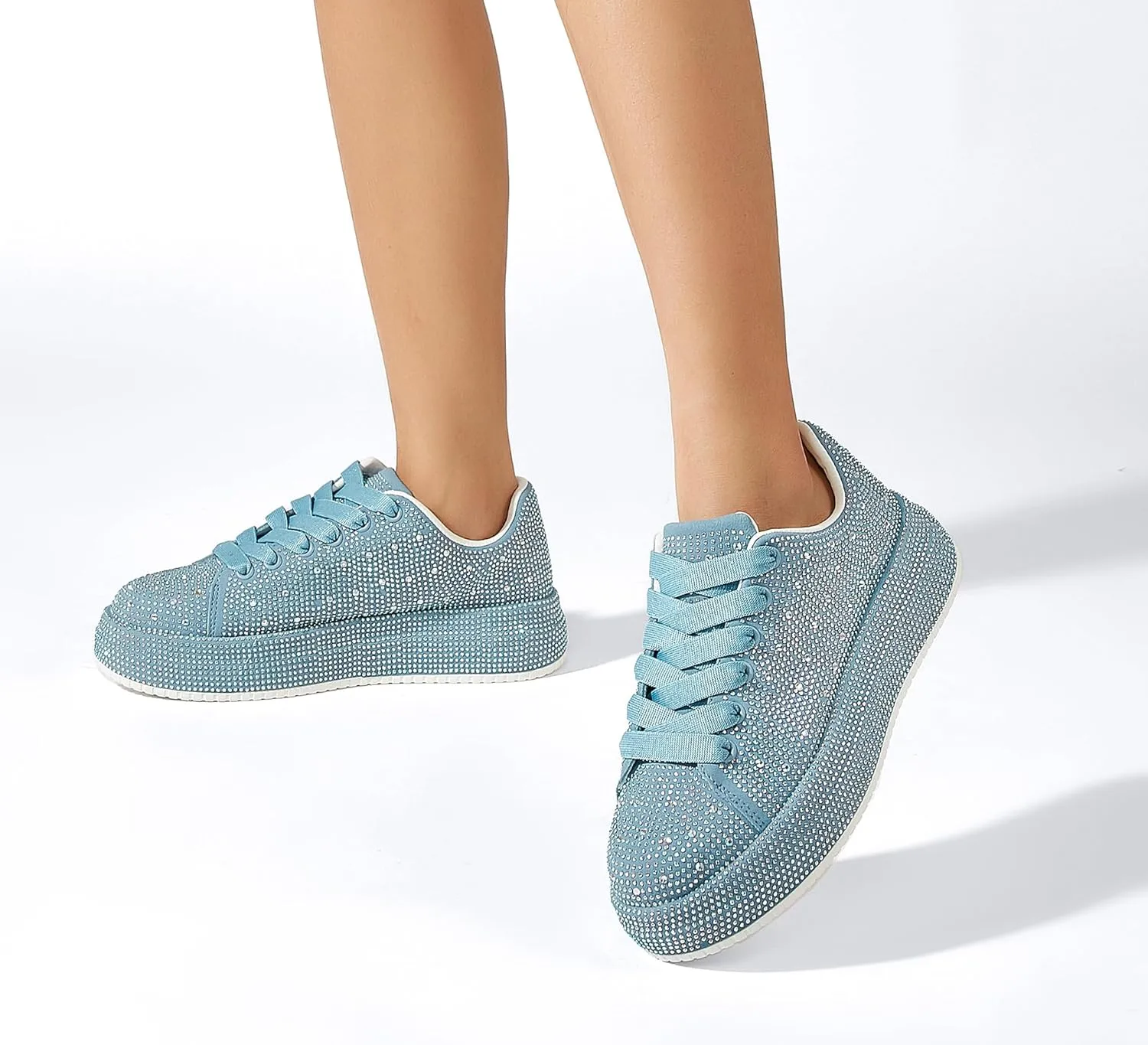 LUCKY STEP Rhinestone Sneakers for Women Platform Sparkly Glitter Bling Tennis Shoes Fashion Bedazzled Wedding Bridal Party Walking Sneakers