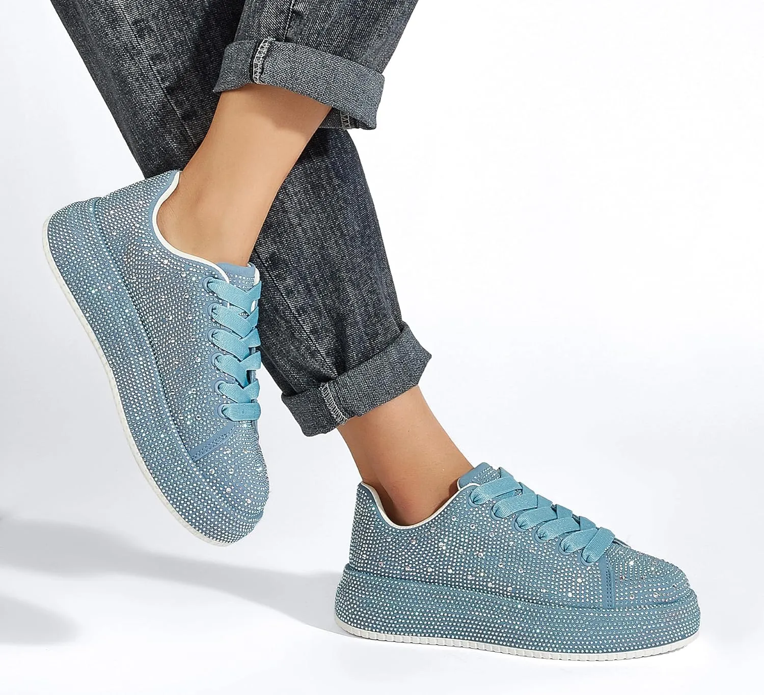 LUCKY STEP Rhinestone Sneakers for Women Platform Sparkly Glitter Bling Tennis Shoes Fashion Bedazzled Wedding Bridal Party Walking Sneakers