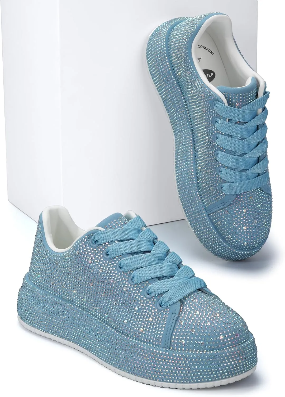 LUCKY STEP Rhinestone Sneakers for Women Platform Sparkly Glitter Bling Tennis Shoes Fashion Bedazzled Wedding Bridal Party Walking Sneakers