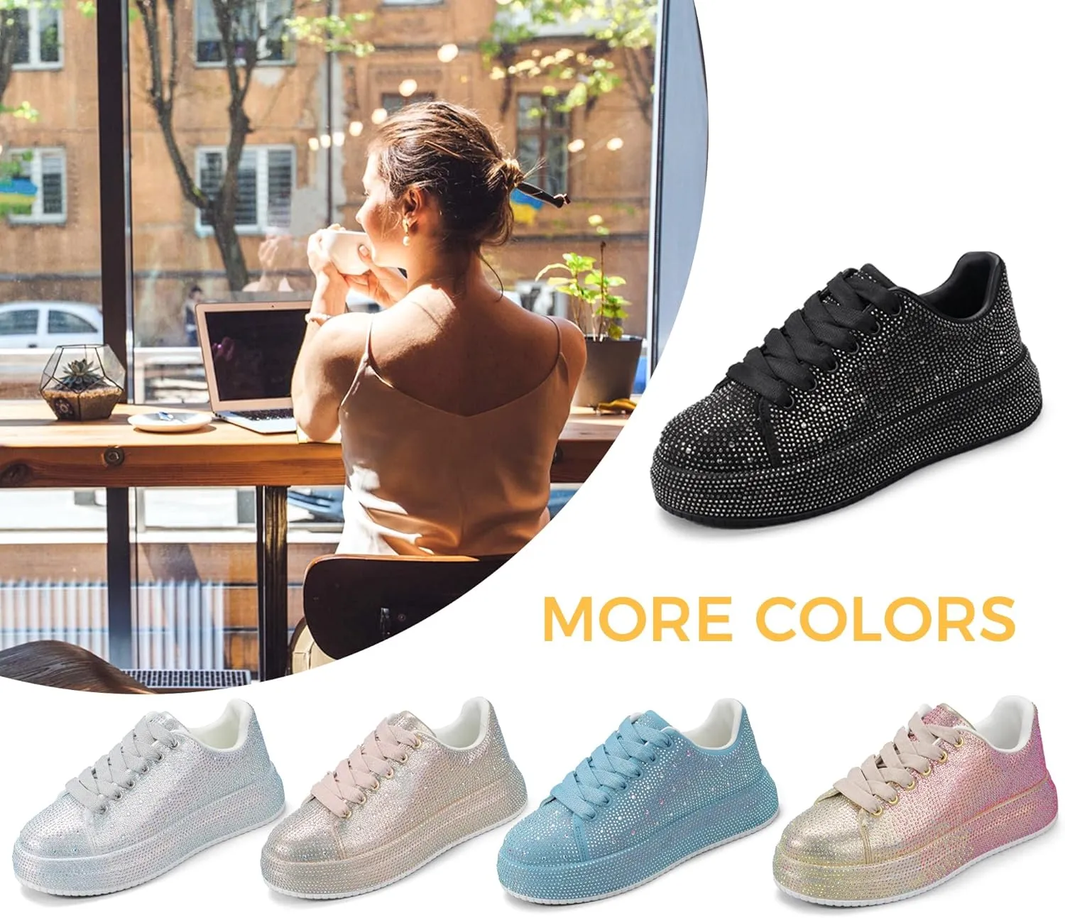 LUCKY STEP Rhinestone Sneakers for Women Platform Sparkly Glitter Bling Tennis Shoes Fashion Bedazzled Wedding Bridal Party Walking Sneakers