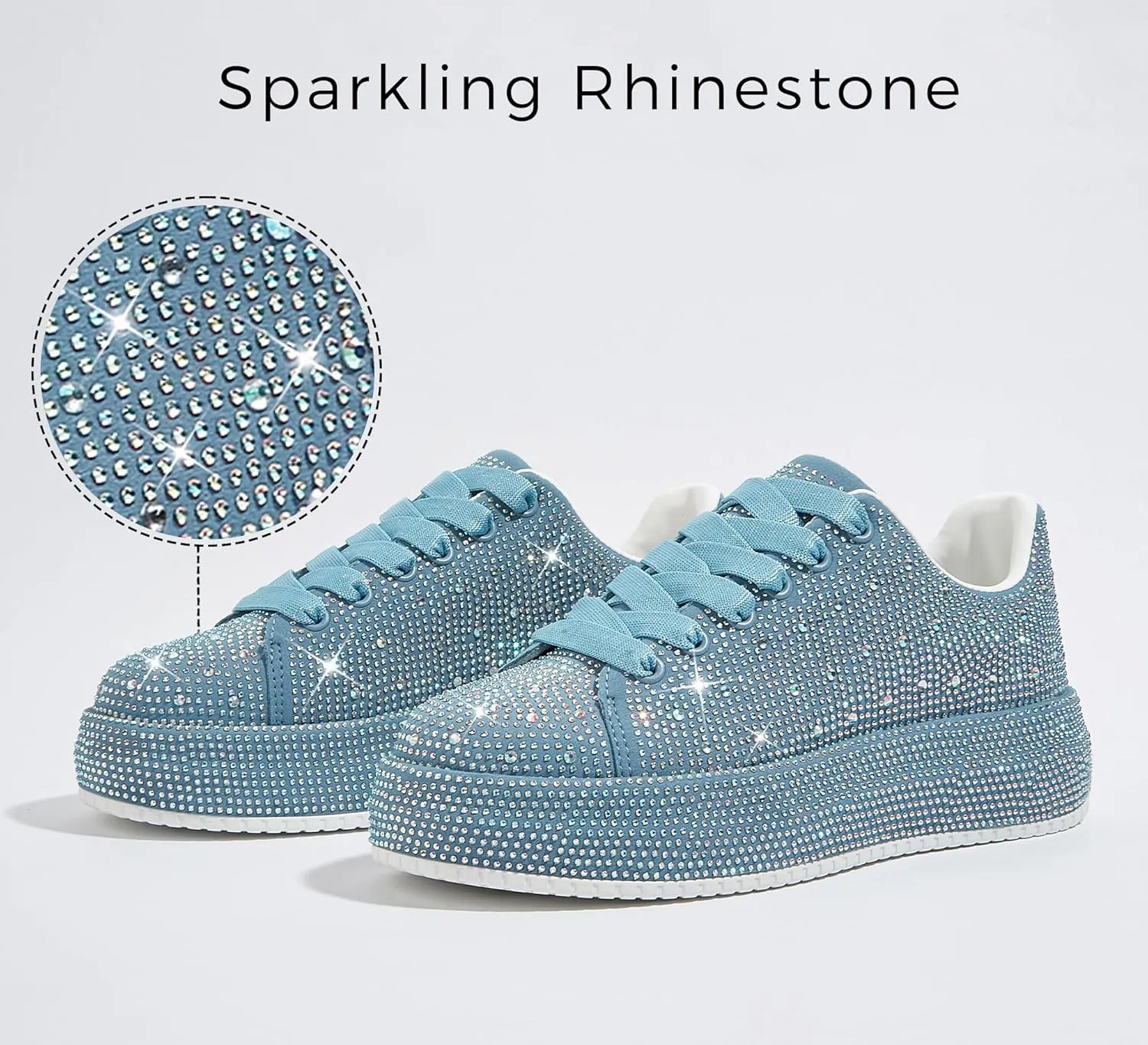 LUCKY STEP Rhinestone Sneakers for Women Platform Sparkly Glitter Bling Tennis Shoes Fashion Bedazzled Wedding Bridal Party Walking Sneakers