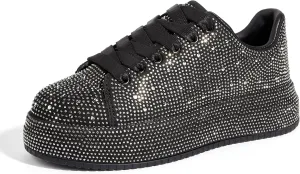 LUCKY STEP Rhinestone Sneakers for Women Platform Sparkly Glitter Bling Tennis Shoes Fashion Bedazzled Wedding Bridal Party Walking Sneakers