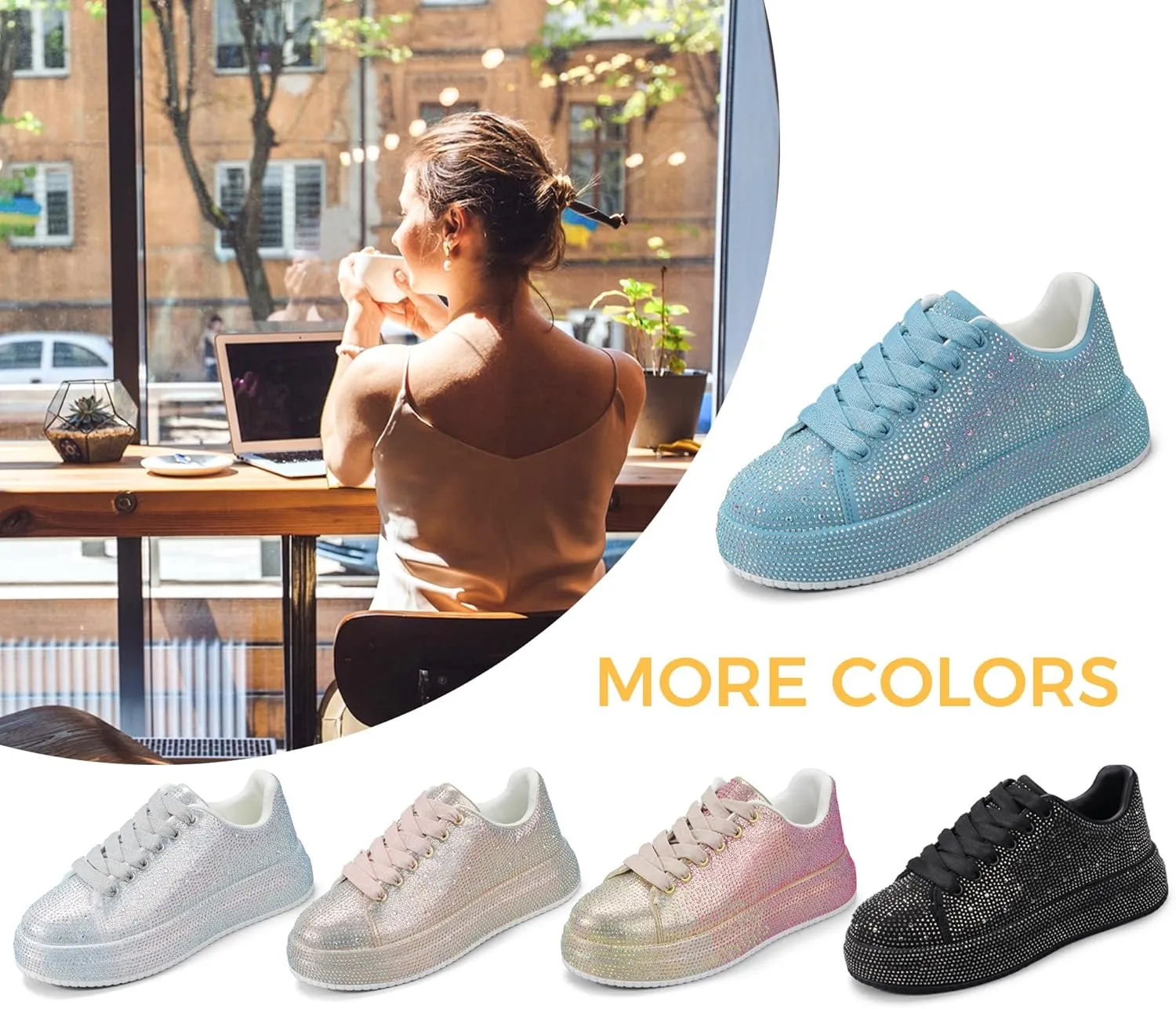 LUCKY STEP Rhinestone Sneakers for Women Platform Sparkly Glitter Bling Tennis Shoes Fashion Bedazzled Wedding Bridal Party Walking Sneakers