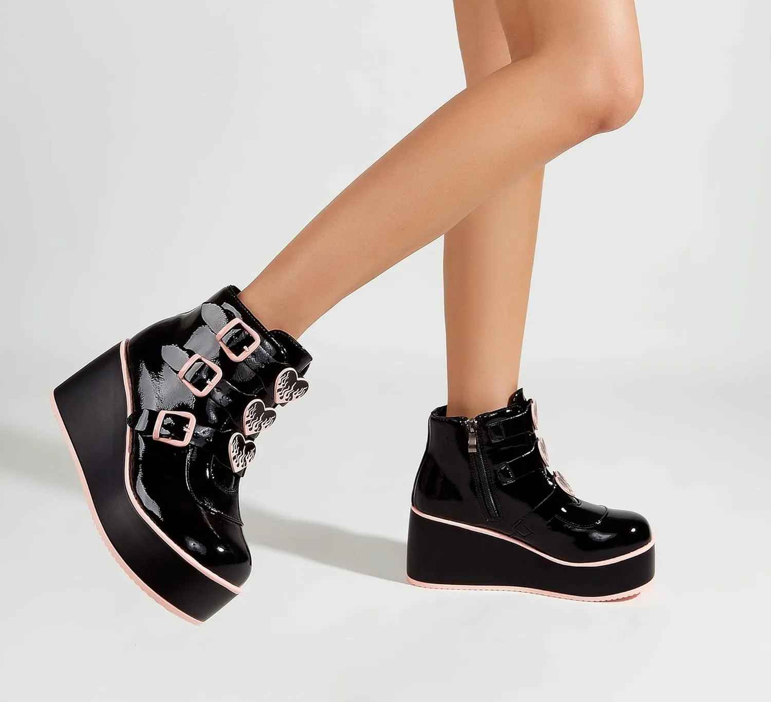 LUCKY STEP Women Platform Chunky Ankle Boots - Round Toe Zipper Wedges High Heels Rave Buckle Thick Sole Goth Booties