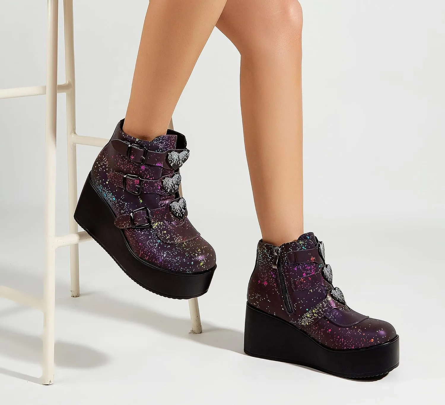 LUCKY STEP Women Platform Chunky Ankle Boots - Round Toe Zipper Wedges High Heels Rave Buckle Thick Sole Goth Booties