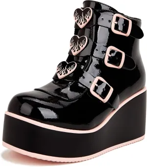 LUCKY STEP Women Platform Chunky Ankle Boots - Round Toe Zipper Wedges High Heels Rave Buckle Thick Sole Goth Booties