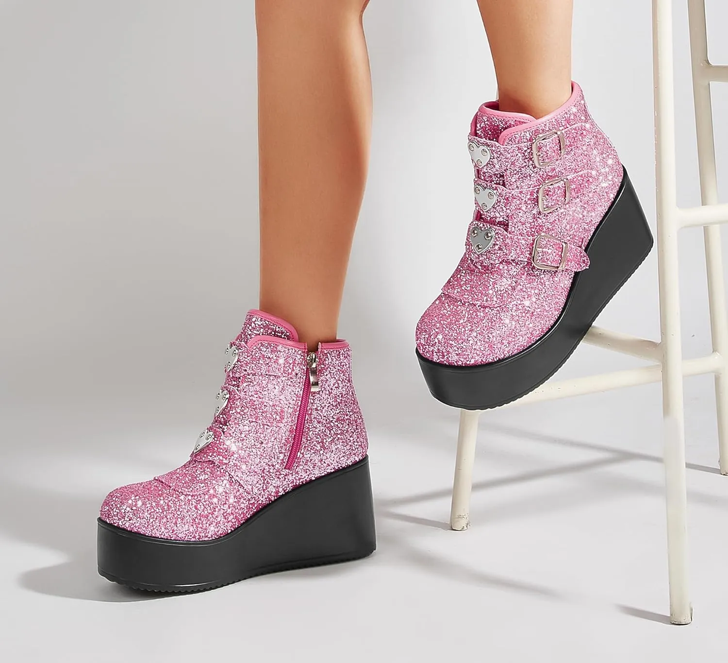 LUCKY STEP Women Platform Chunky Ankle Boots - Round Toe Zipper Wedges High Heels Rave Buckle Thick Sole Goth Booties