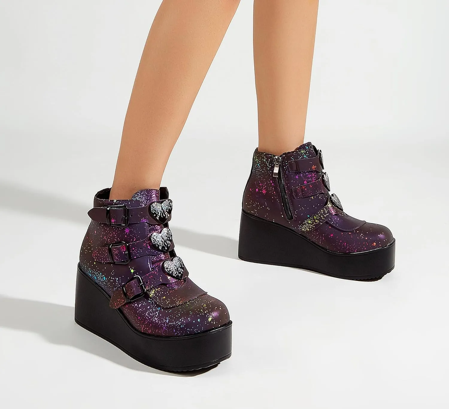 LUCKY STEP Women Platform Chunky Ankle Boots - Round Toe Zipper Wedges High Heels Rave Buckle Thick Sole Goth Booties