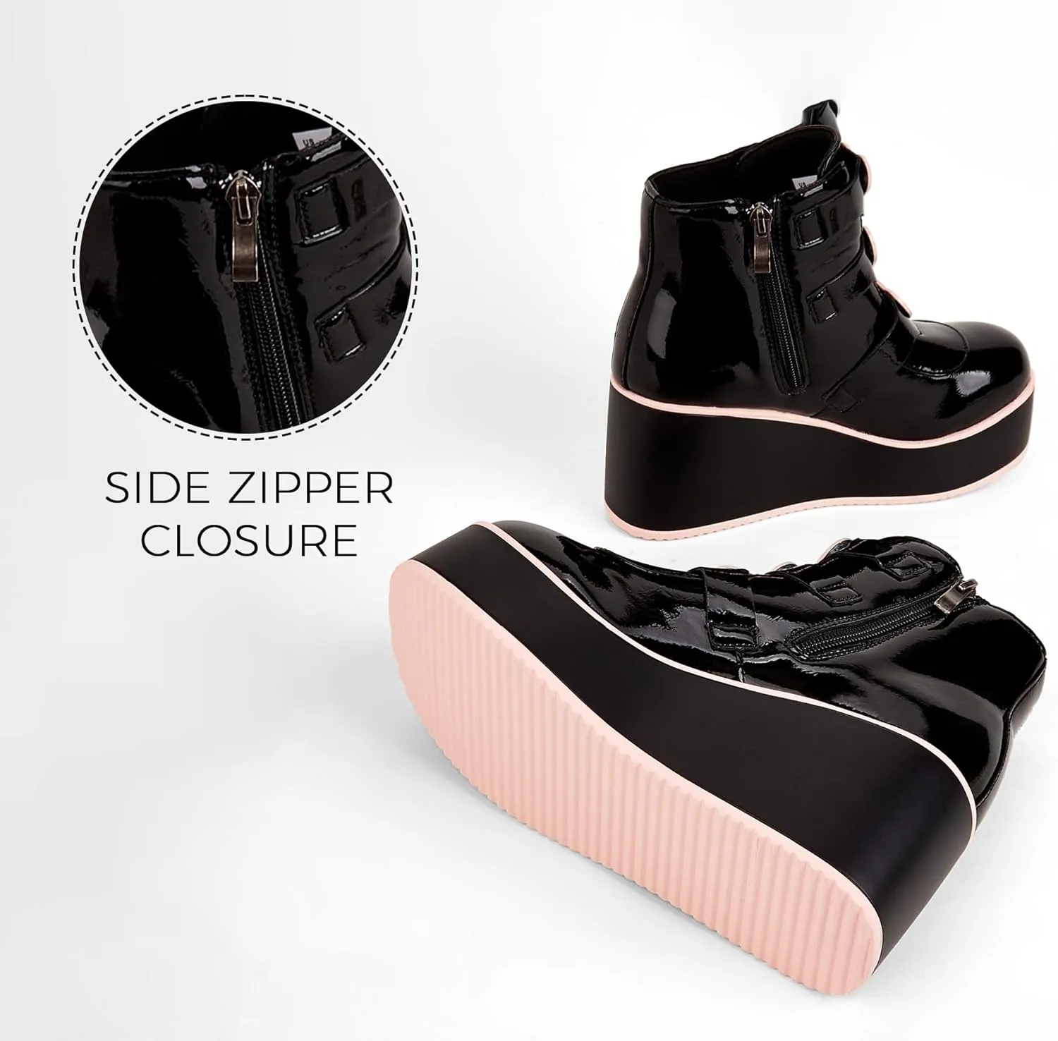 LUCKY STEP Women Platform Chunky Ankle Boots - Round Toe Zipper Wedges High Heels Rave Buckle Thick Sole Goth Booties